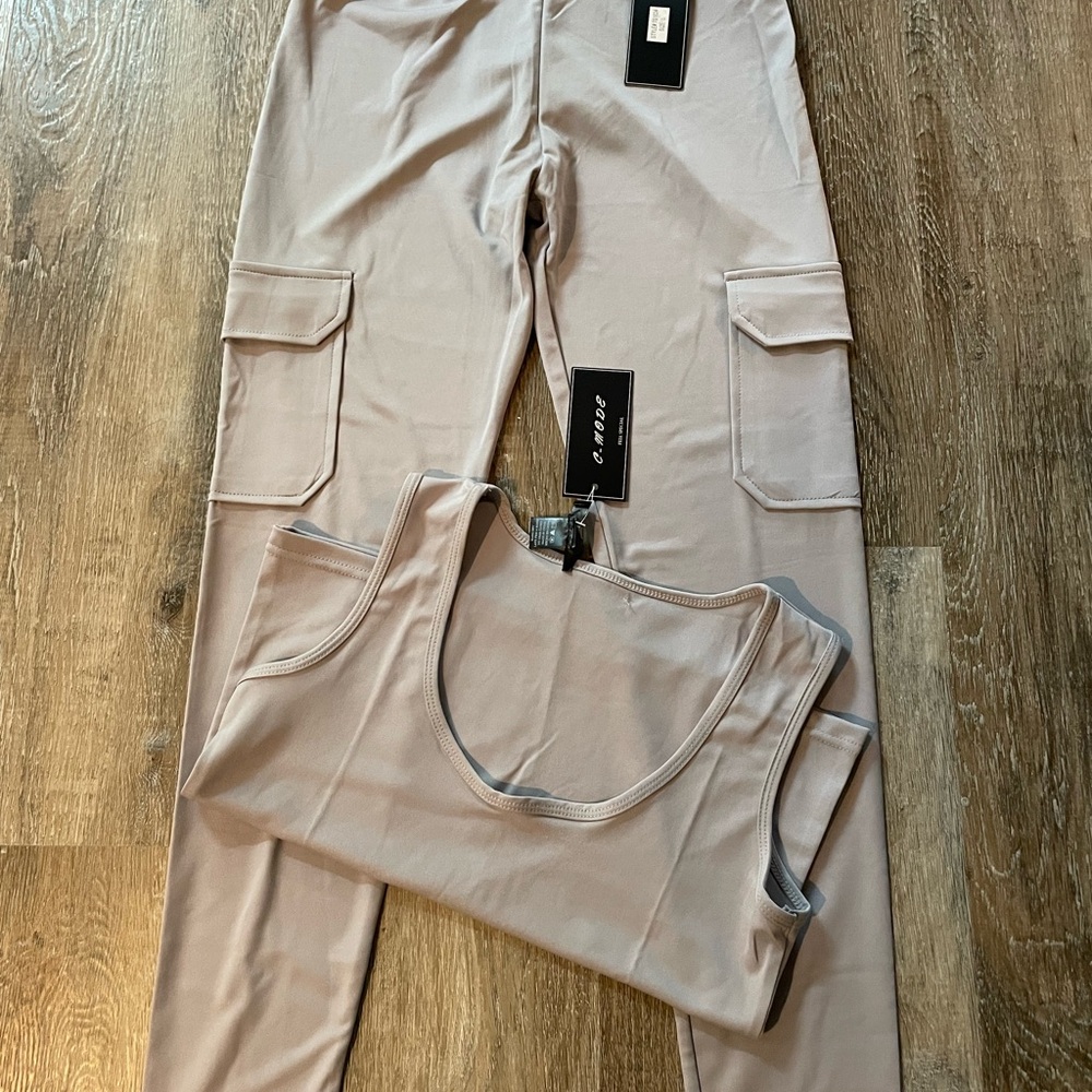 Stylish Taupe Cargo Pants and Tank Set